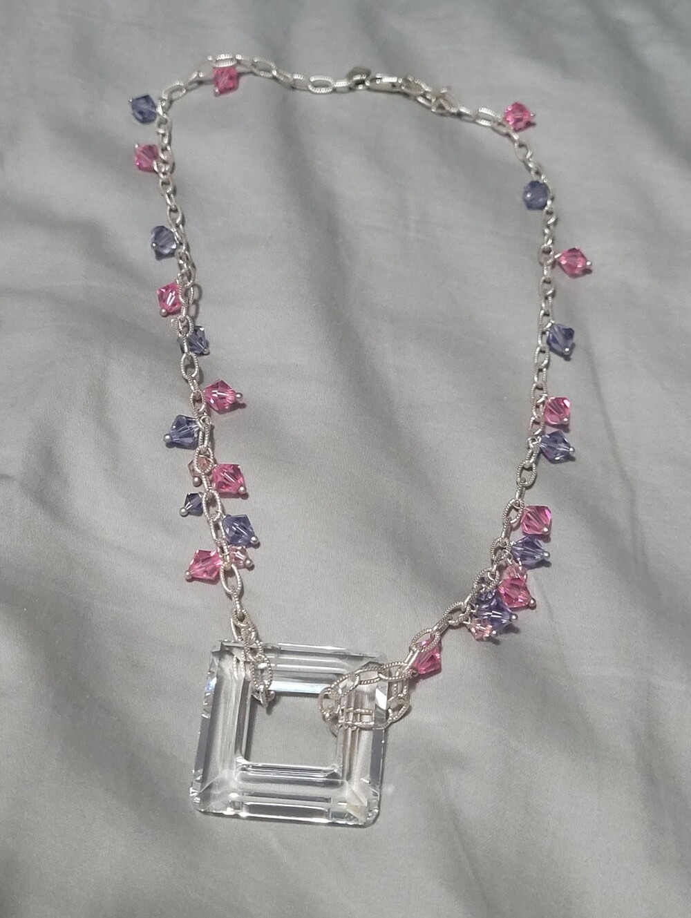 Crystal Square Pendant Sterling Silver Necklace with Pink & Purple Accent Beads